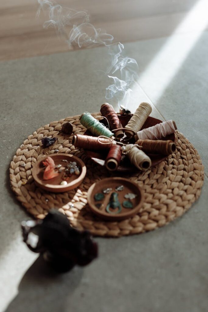 Sewing Thread on Wicker Tray